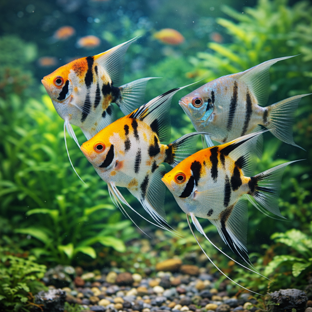Angelfish among lush aquatic plants in a planted freshwater aquarium